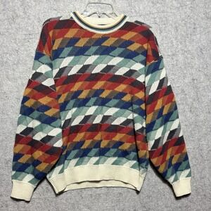 Botany 500 Mens L 90s Geometric Knit Sweater Colorful Grandpa Coogi Style